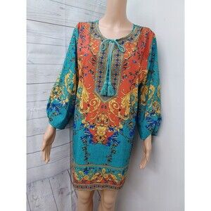 Him One Women’s Bohemian Tunic Top Sleeves Boho Paisley Turquoise Orange Sz L
